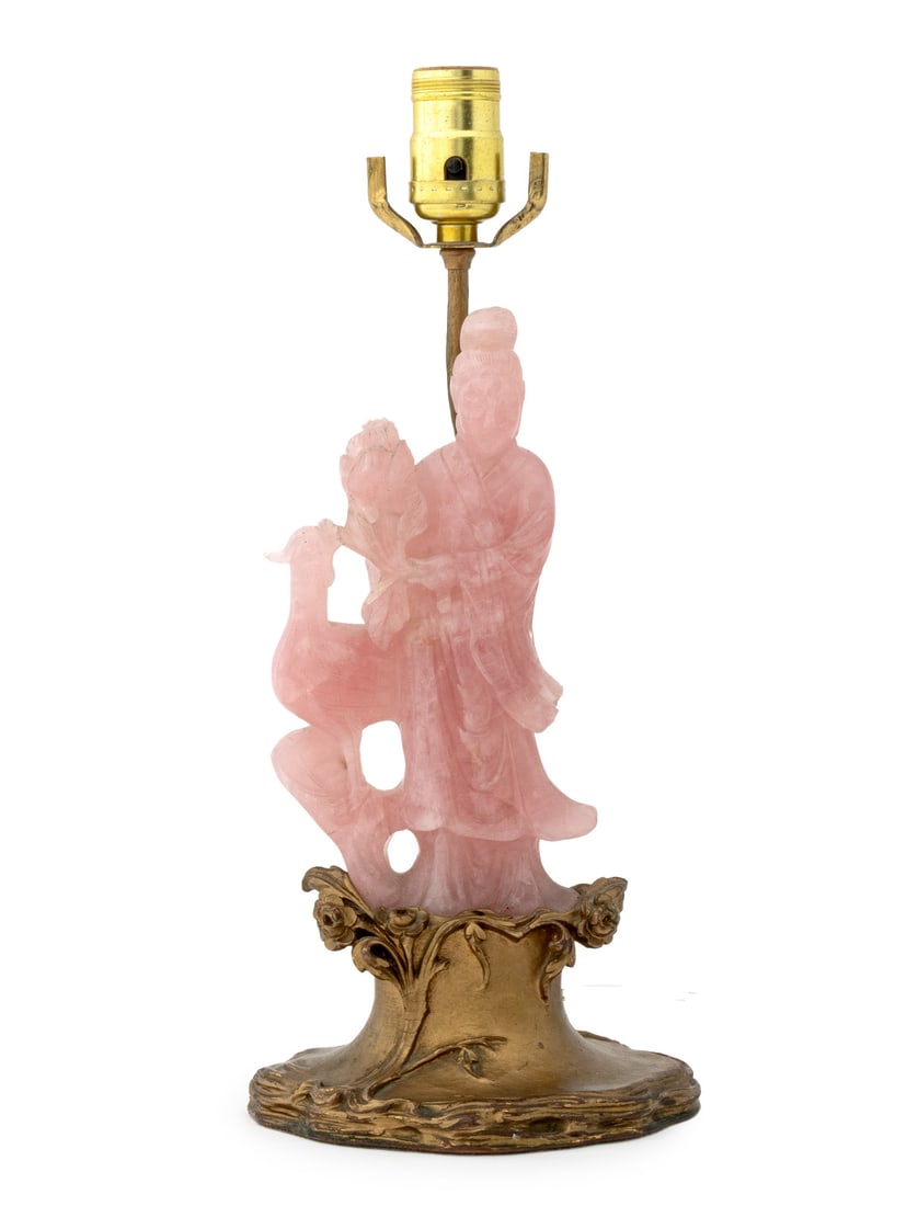 Chinese Rose Quartz Guanyin Sculpture as Lamp: Chinese Rose Quartz Guanyin and Phoenix Sculpture as Lamp, the guanyin figure holding a rose mounted on floral giltwood base. 15" H x 6.5" W x 5" D. Provenance: From an East 72nd Street Estate.