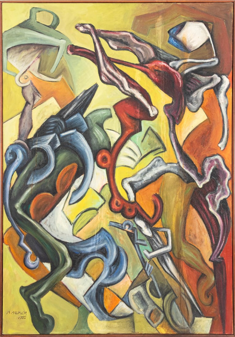 Marilla Palmer "Modern World" Oil on Canvas, 1985: Marilla Palmer (American, b. 1955), "Modern World", Oil on Canvas, 1985, signed "M. Palmer" and dated lower left, signed, titled, and dated to verso, wood frame. Image: 71.75" H x 49.75" W; frame: