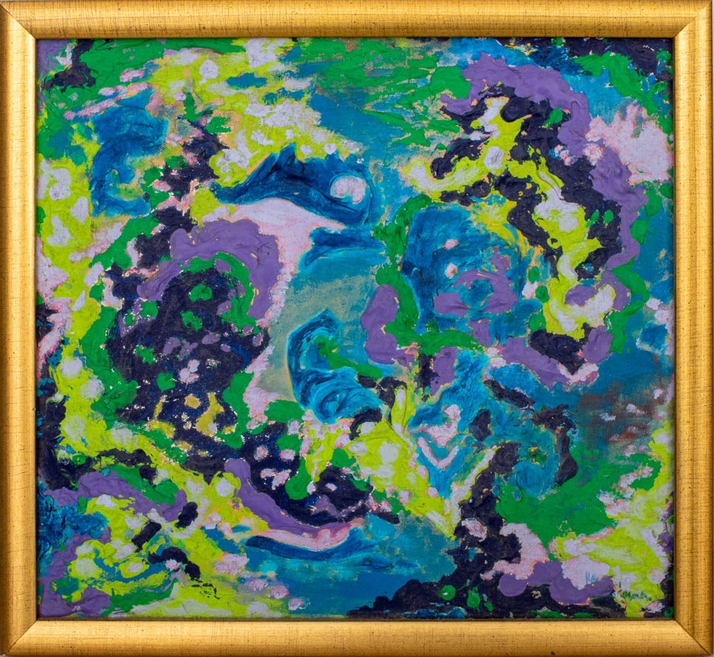 Kayo Lennar Purple Abstraction Oil on Canvas: Kayo Lennar (French/American, b. 1923), Purple Abstract Composition, Oil on Canvas, signed lower right, giltwood frame. Image: 11.5" H x 12.5" W; frame: 13.25" H x 14.25" W. Provenance: Property from