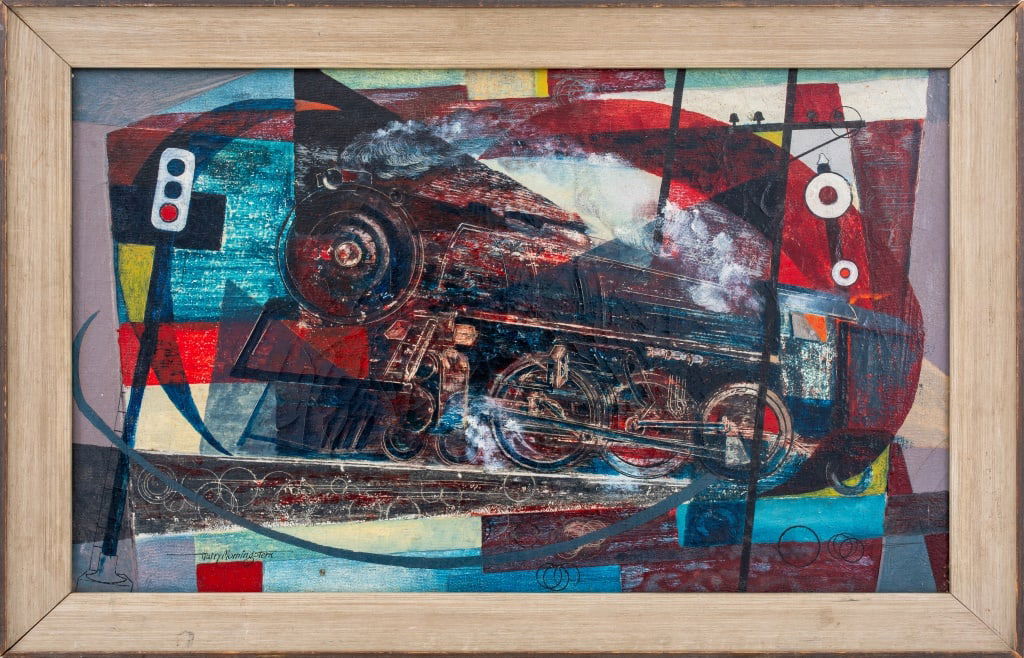 Harry Morningstern "Engine" Oil on Canvas: Harry Morningstern (American, XX), "Engine", Oil on Canvas, signed lower right, label to verso, painted wood frame. Image: 13.25" H x 22.5" W; frame: 16.5" H x 25.5" W. Provenance: From a New York