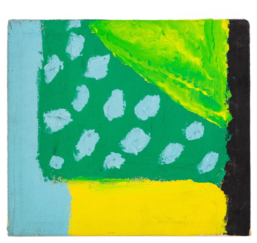 Sara Pines Abstract Composition Oil, 1975: Sara Pines (XX-XXI), Abstract Composition, Oil on Canvas, 1975, signed and dated verso, unframed. 12" H x 13.5" W x 2" D. Provenance: From a New York City Collection. Keywords: Paintings, Oil