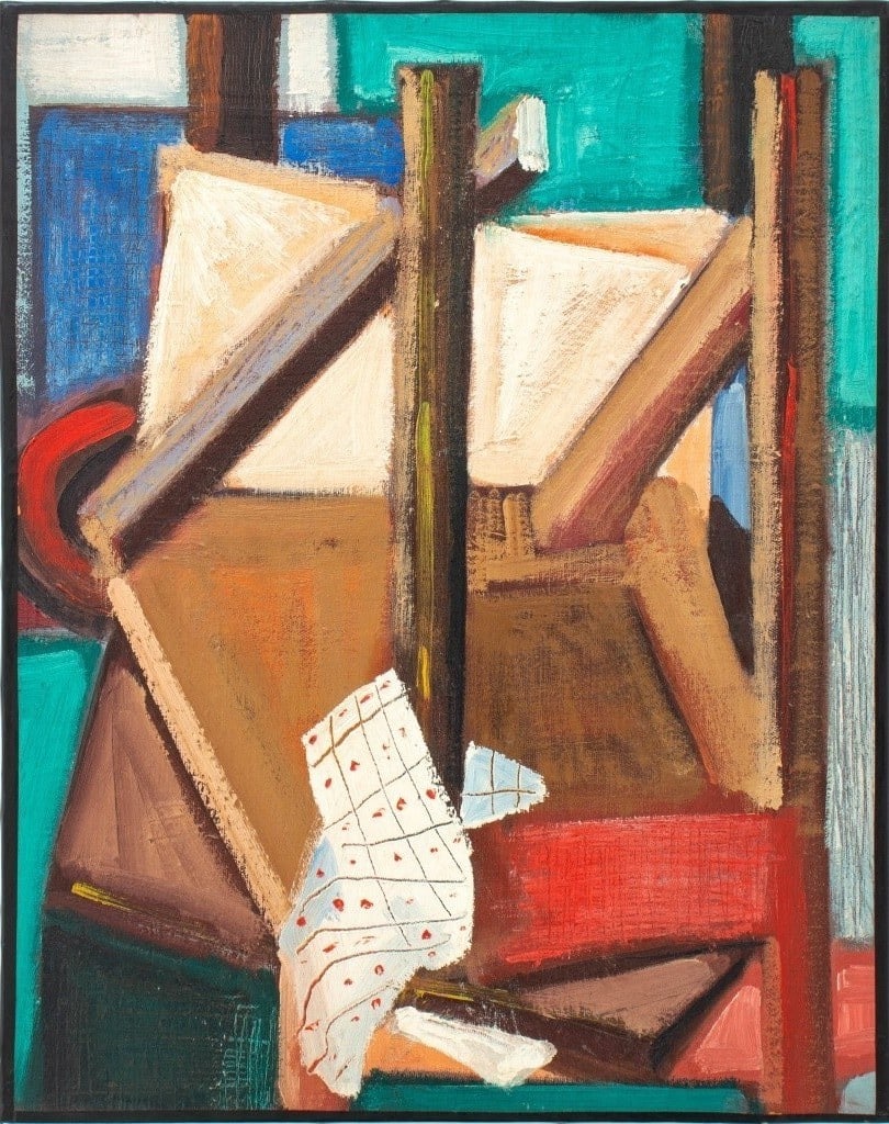 Post-Cubist Still Life Scene Oil on Canvas: 20th Century School, Post-Cubist Still Life Scene, Oil on Canvas, depicting patterned cloth draped over table, apparently unsigned, unframed. 20" H x 16" W. Provenance: From the Allen Tucker Memorial