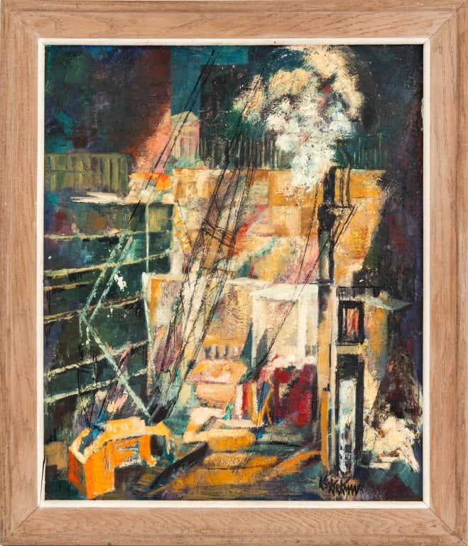 Katherine S. Kirkman "Urban Renewal" Oil on Board: Katherine S. Kirkman (American, XX-XXI), "Urban Renewal", Oil on Masonite, signed lower right, titled and signed to verso, wood frame. Image: 23.5" H x 19.5" W; frame: 26" H x 24" W. Provenance: From