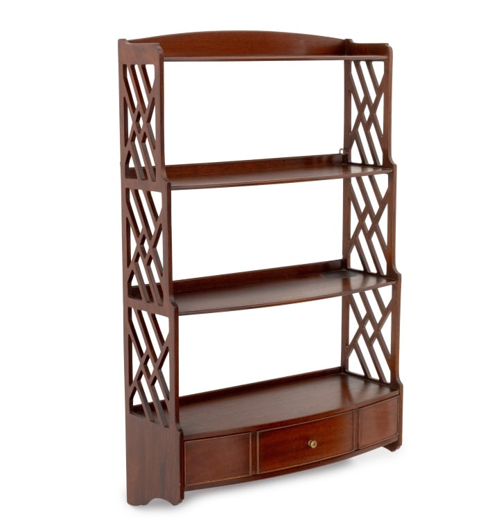 George III Style Mahogany Wall Etagere: George III Style Mahogany Wall-Mounted Etagere, with three shelves above a drawer. 31.25" H x 19.25" W x 8" D. Provenance: From a Greenwich, Connecticut Collection. Keywords: English Furniture, Britis