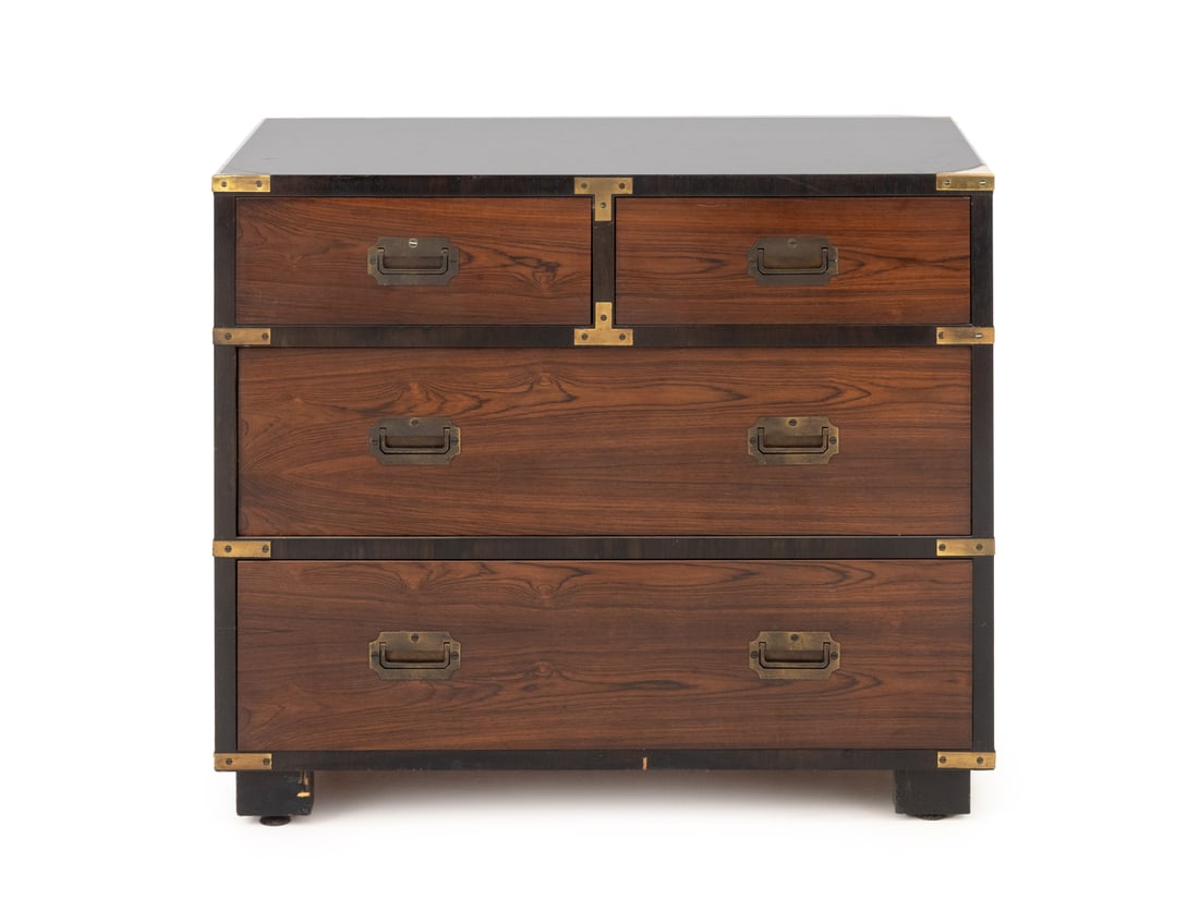 English Style Mahogany Campaign Chest: English Style Mahogany Campaign Chest of Drawers, with black lacquered top, two short drawers above two frieze drawer, brass drawer pulls, side handles, and corner mounts, marked "Sloane" to top inter