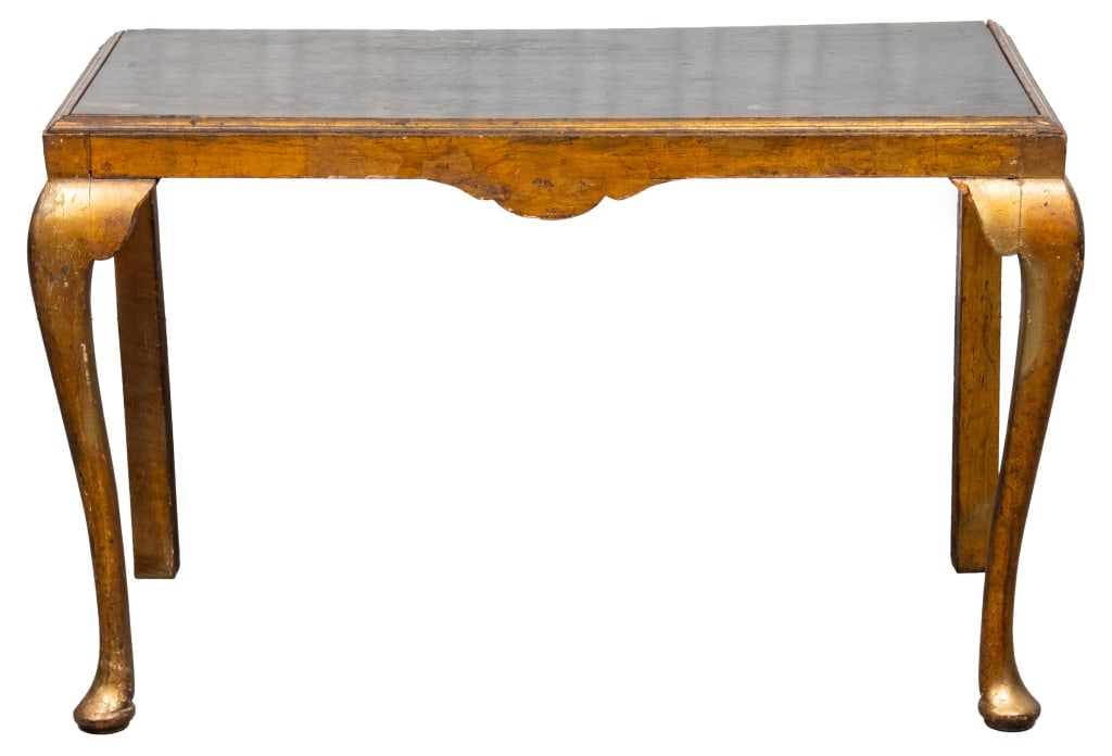 Georgian Style Giltwood Console Table: Georgian Style Giltwood Console Table, with black painted top, the legs with pad feet. 26.5? H x 42.5? W x 22? D. Provenance: Property from a 157 East 57th Street Estate. Keywords: Antique Furniture,