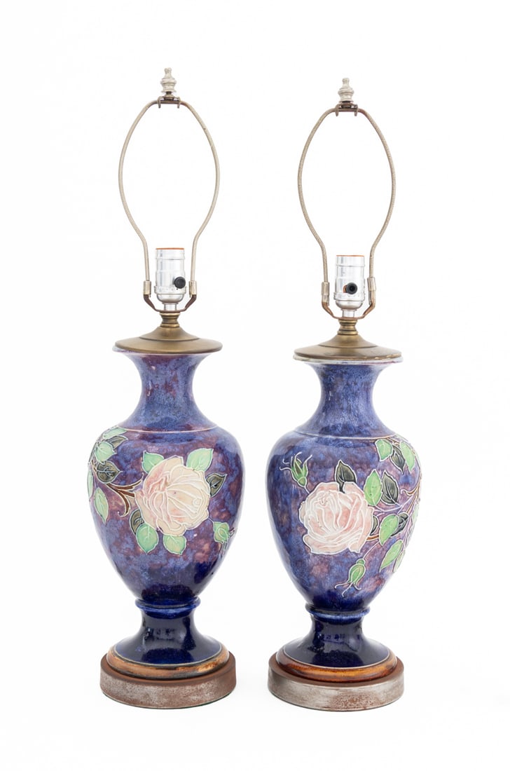 Royal Doulton "Rose" Stoneware Vases as Lamps, 2: Pair of Royal Doulton "Rose" Glazed Stoneware Vases Mounted as Lamps, on circular silvered metal base. 26.5" H x 7.5" Diameter. Provenance: The Upper East Side Estate of Anne Kaufman Schneider, the da