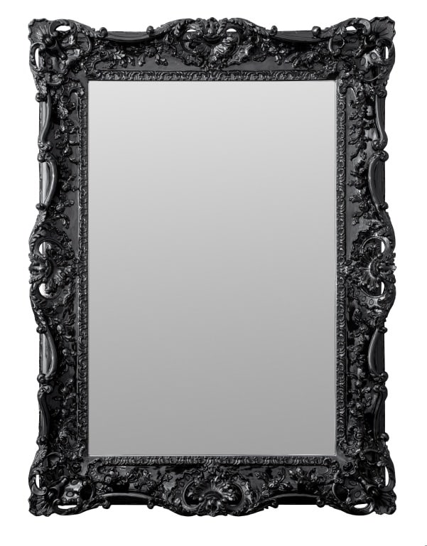 Rococo Revival Black Lacquered Mirror: Rococo Revival Black Lacquered Mirror, with beveled glass mirror plate. 46" H x 34" W x 3" D. Provenance: Property from an 11th Avenue Duplex. Keywords: Looking glass, Vanity, Wall-hanging, Interior d