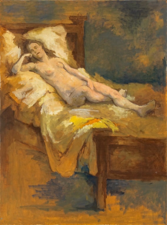 Russell Bailey Reclining Nude Oil on Canvas, 1975: Russell Bailey (American, XX), Reclining Female Nude Figure, Oil on Canvas, 1975-1976, apparently unsigned, "Art Students League of New York" label verso, unframed. 40.25" H x 29.75" W. Provenance: