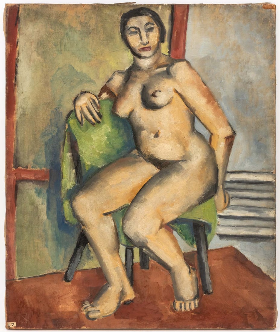 Frances Reswick Seated Nude Woman Oil on Canvas: Frances Reswick (American, XX), Seated Nude Woman, Oil on Canvas, signed and marked "Vytlacil / May" verso, unframed. 24" H x 20" W. Provenance: From the Allen Tucker Memorial Collection. Keywords: