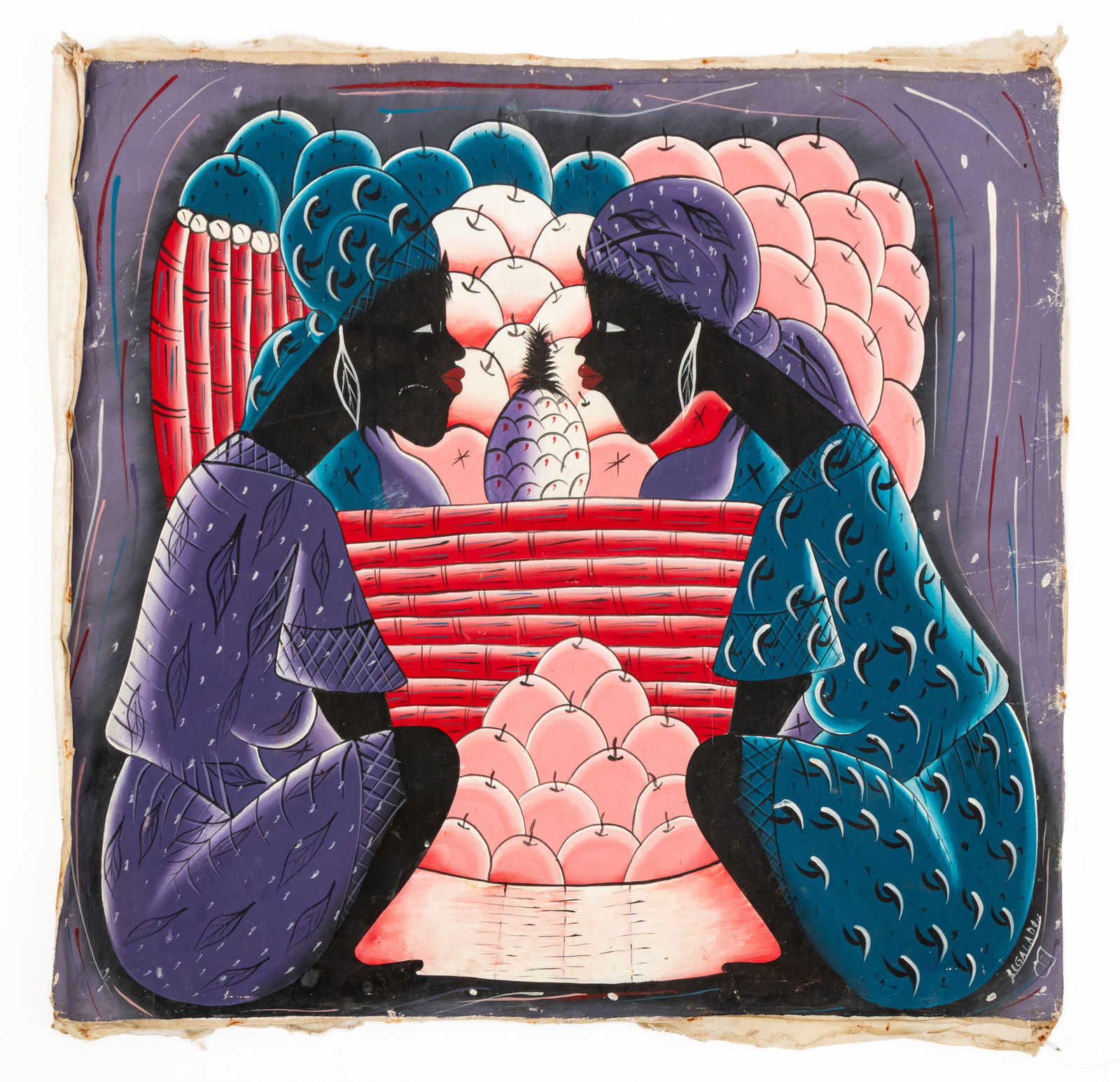 Regalado Two Women with Fruit Acrylic on Canvas: Regalado (XX), Two Women with Fruit, Acrylic on Unstretched Canvas, depicting two women in matching dresses and head scarves in front of an apple stand with pineapple, signed lower right, unframed.