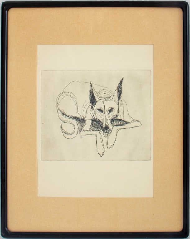 Selina Trieff "Louie" Etching: Selina Trieff (American, 1934-2015), "Louie", Etching on Paper, numbered edition "6/35", signed in pencil "S. Trieff" lower right, black frame. Image: 9.75" H x 8" W; frame: 21" H x 17" W. Provenance: