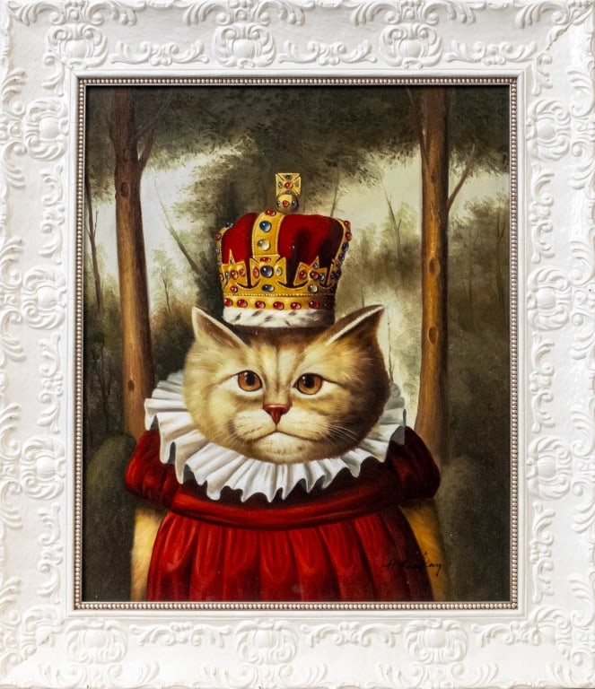A. Rickay Royal Cat Portrait Acrylic on Canvas: Contemporary School, Royal Cat Portrait, Acrylic on Canvas, signed "A. Rickay" lower right, white frame. Image: 23" H x 18.5" W; frame 31" H x 26" W. Provenance: From a New York City Collection.