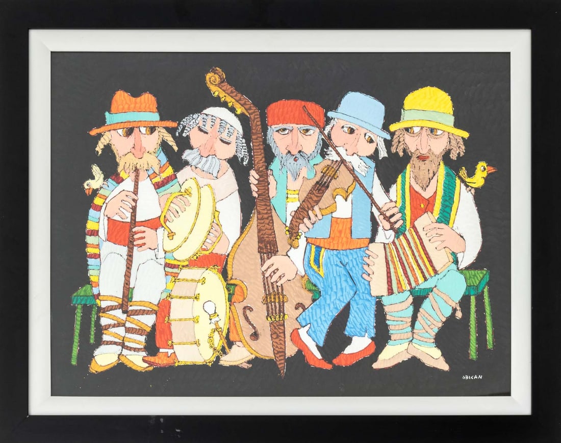Jovan Obican Musicians Gouache on Paper: Jovan Obican (French, 1918-1986), Musicians, Gouache on Paper, signed lower right, ebonized wood frame. Image: 18.25" H x 24.5" W; frame: 23.75" H x 30" W x 0.75" D. Provenance: From a 422 East 72nd