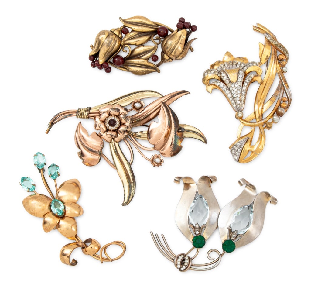 Louis Stern, Etc. Flower Form Costume Brooches, 5: Collection of Five Flower Form Costume Jewelry Brooches, comprising: Louis Stern floral brooch marked "L.S. CO / 1/20 12KT. G.F. / Sterling", two flower brooch with green and sky blue rhinestones
