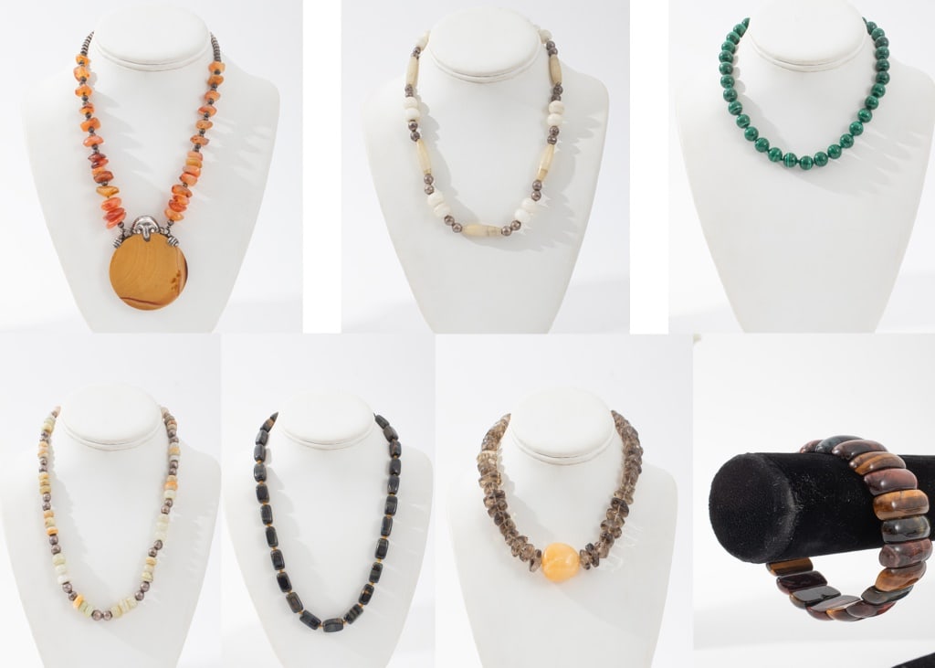 Tiger's Eye, Malachite, Etc. Silver Jewelry, 7: Group of Seven Pieces of Crystal and Silver Jewelry, comprising: one smoky quartz necklace with sterling silver clasp marked "MEXICO / 925", a tiger's eye, hawk's eye, and cat eye bracelet, a hawk's