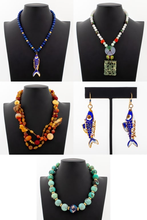 Chinese Hardstone & Cloisonne Bead Jewelry, 5: Group of Five Chinese Hardstone and Cloisonne Beaded Jewelry Pieces, comprising: a multi-strand necklace with carnelian, carved jade butterfly pendants, and cinnabar beads, one necklace with lapis laz