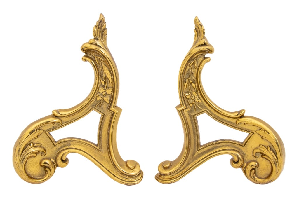 French Gilt Bronze Scroll Form Chenets, Pair: Pair of French Gilt Bronze Scroll Form Chenets, with floral decoration. 14" H x 10.5" W x 4.25" D. Provenance: From a New York City Collection. Keywords: Firedog, Andirons, Art Nouveau, Fire iron,