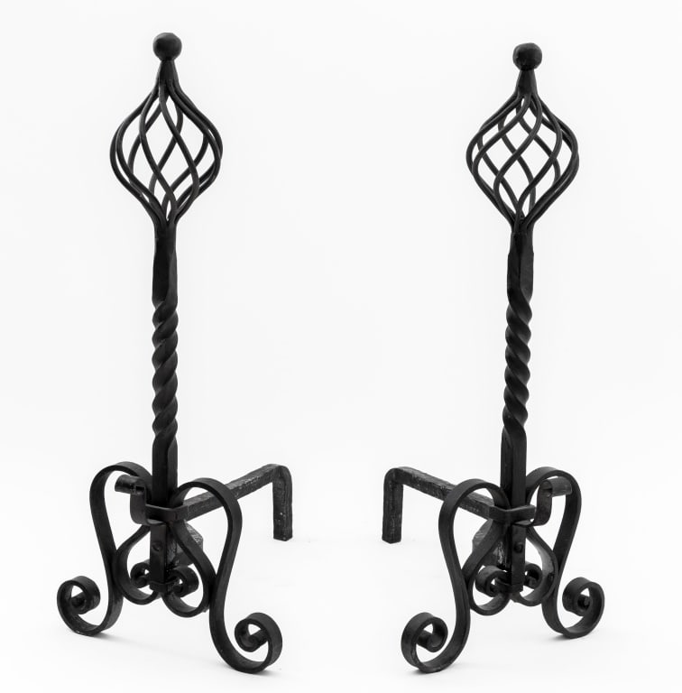 Gothic Revival Wrought Iron Andirons, Pair: Pair of Gothic Revival Wrought Iron Andirons, with openwork twist finial and twist support on scroll form base. 24.25" H x 10" W x 17.5" D. Provenance: From a New York City Collection. Keywords: Firep