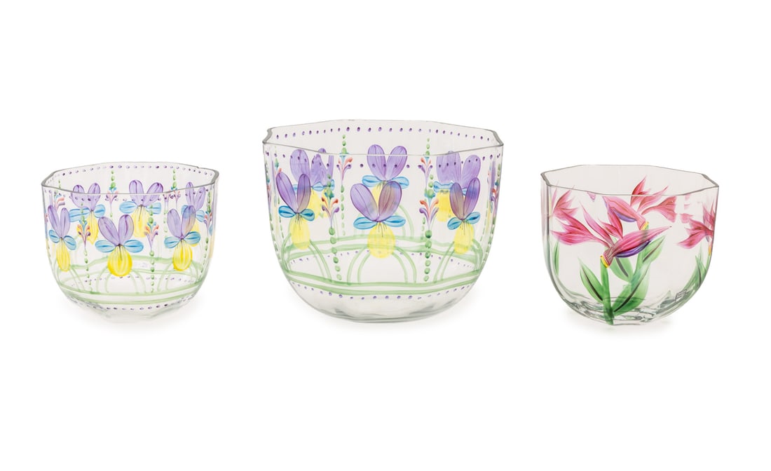 Eva Englund for Orrefors Art Glass Bowls, 3: Group of Three Eva Englund (Swedish, 1937-1998) for Orrefors Art Glass Bowls, comprising: (2) octagonal bowls with painted purple, blue, and yellow flowers, signed "E.E. G.K." and (1) one octagonal bo