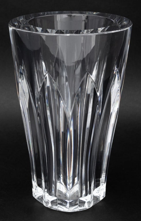 Baccarat Crystal "Pauline" Vase: Baccarat "Pauline" Crystal Vase, with acid-etched "Baccarat" mark to underside. 9.75" H x 6.25" Diameter. Provenance: From a Rye, New York Estate. Keywords: Glassware, Vessel, Designer, French cristal
