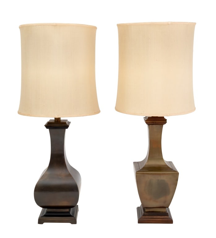 Vasiform Brass Table Lamps, Assembled Pair: Assembled Pair of Vasiform Brass Table Lamps, with beige fabric shades, one with spherical finial and atop a wood base. Overall: 42.5" H x 17.25" Diameter. Provenance: From an East Village Estate. Key