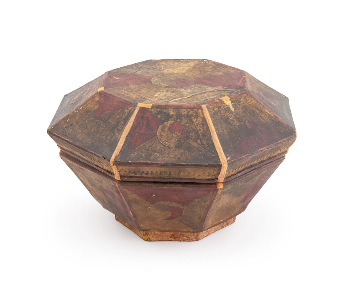 Korean Octagonal Papier Mache Covered Sewing Box: Korean Octagonal Papier Mache Covered Sewing Box, with Taegeuk symbol and geometric patterns. 8.5" H x 15.5" Diameter. Provenance: From a 28 East 70th Street Penthouse Estate. Keywords: Dowry box, Han
