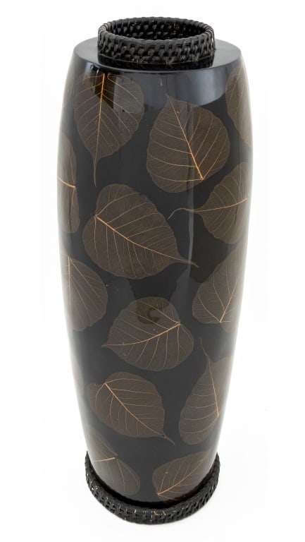 Japanese Pressed Leaf Black Lacquered Vase (1 of 5)