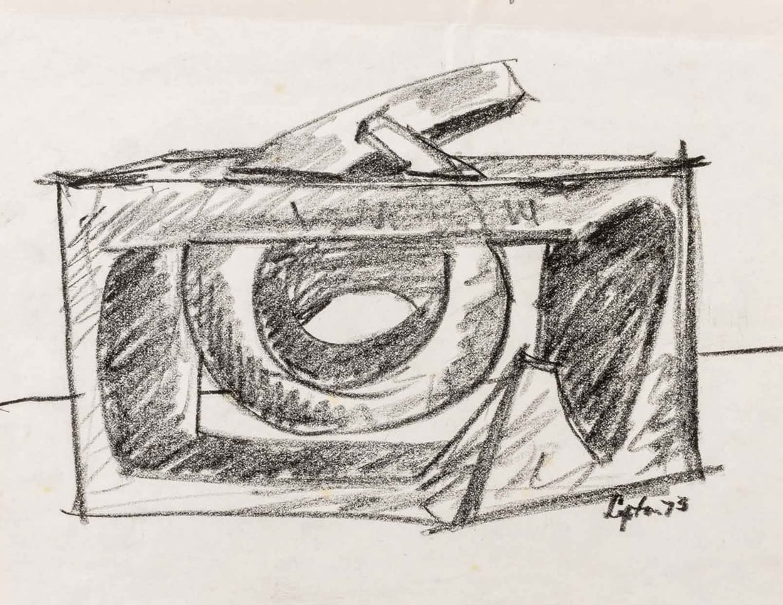 Seymour Lipton Sculpture Study Sketch, 1973: Seymour Lipton (American, 1903-1986), Abstract Expressionist Sculpture Study Sketch, Oil Crayon on Paper, 1973, signed and dated lower right, unframed. 8.5" H x 11" W. Provenance: From a Brooklyn Coll