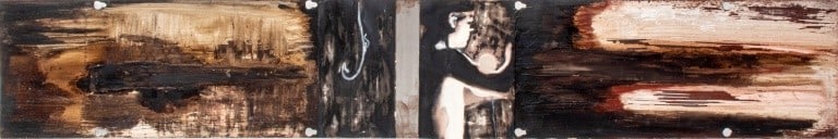 Abstraction Mixed Media Oil on Steel Panel: Contemporary School, Abstraction, Mixed Media Oil on Steel Panel, apparently unsigned, the central section depicting a fish hook and a figure approaching a crepuscular light, unframed. 8" H x 48" W. P