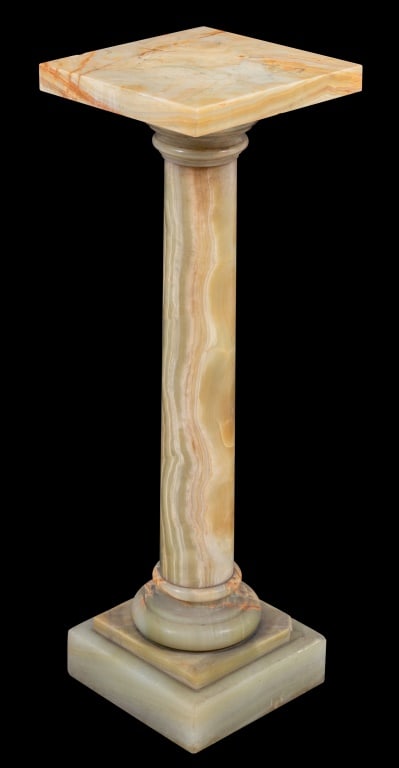 French Banded Green Onyx Pedestal: French Banded Green Onyx Pedestal, early 20th century, with square revolving clock. 34.5" H x 11" W x 11" D. Keywords: Antique Furniture, Antiques, Display stand, Sculpture gallery, Plant stand, Colum