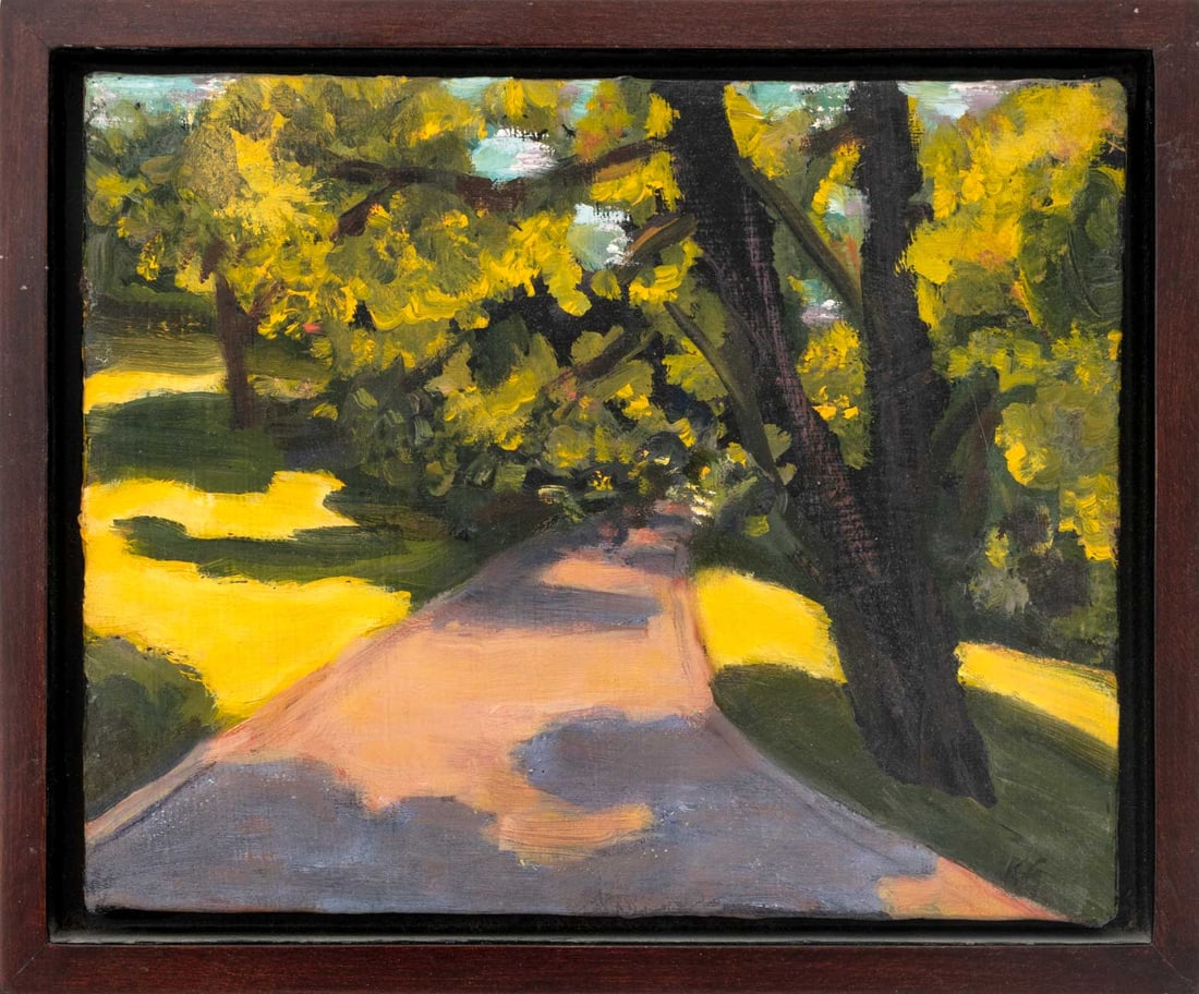 Signed Contemporary Park Path Acrylic, 2007: Contemporary School, Park Path, Acrylic on Canvas, 2007, signed "KG" lower right, inscribed "To John / In friendship and respect / Always yours / Karen" verso, wood frame. Image: 8" H x 10" W; frame: