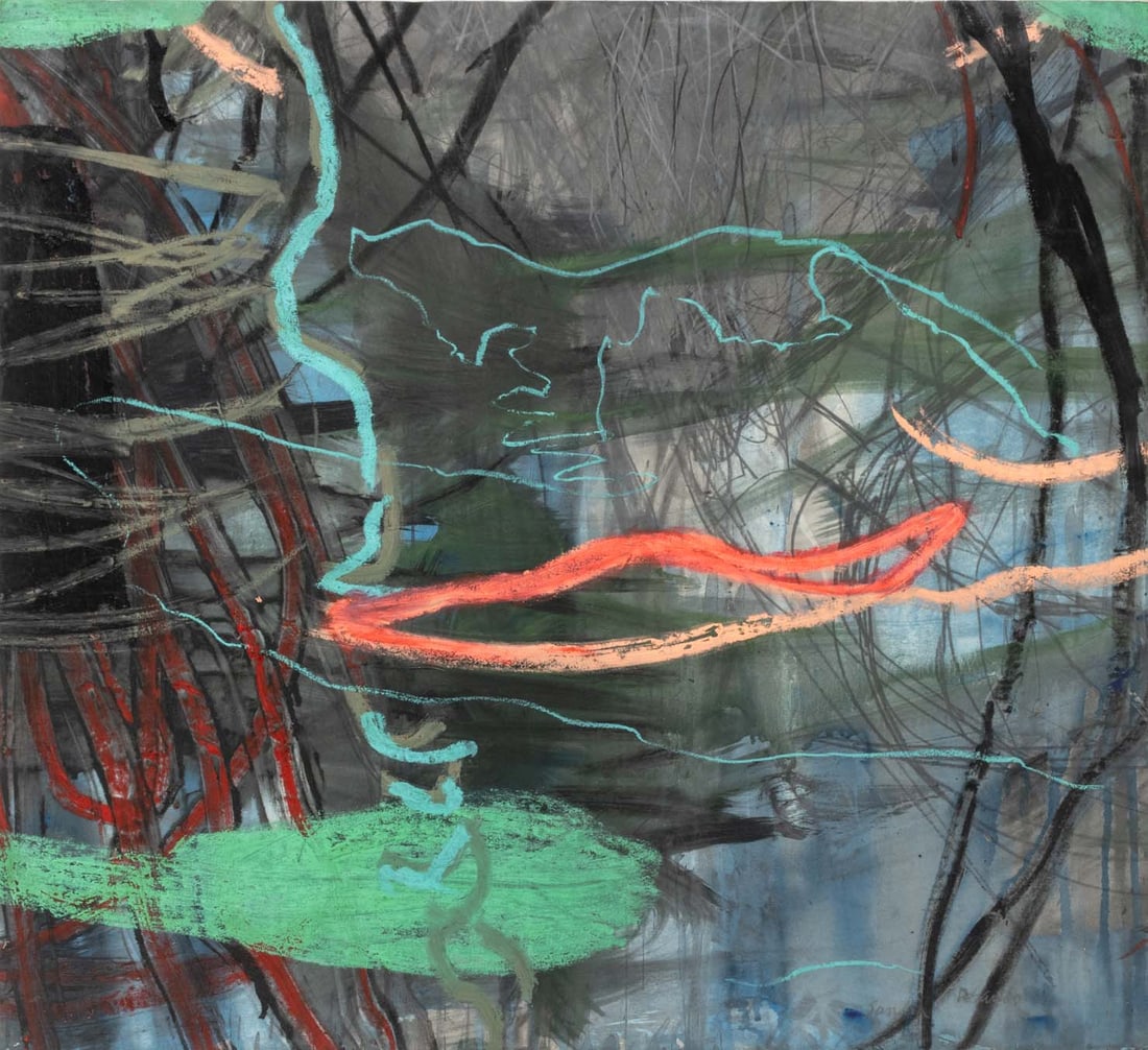 Sandra DeSando "Single O" Mixed Media, 1989: Sandra DeSando (American, XX-XXI), "Single O, Small Lake", Mixed Media on Paper Laid to Canvas Covered Panel, 1989, signed, titled and dated verso, unframed. 28.5" H x 31" W x 1.75" D. Provenance: Fro