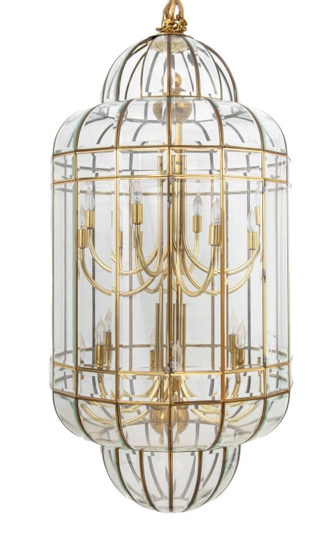 Gilt Brass and Glass Cage Two-Tier Chandelier: Gilt Brass and Glass Cage Two-Tier Chandelier, 20th century, two tiers of eight branches issuing from a multi-armed central column, candlestick style light fixtures, housed within beveled glass panels