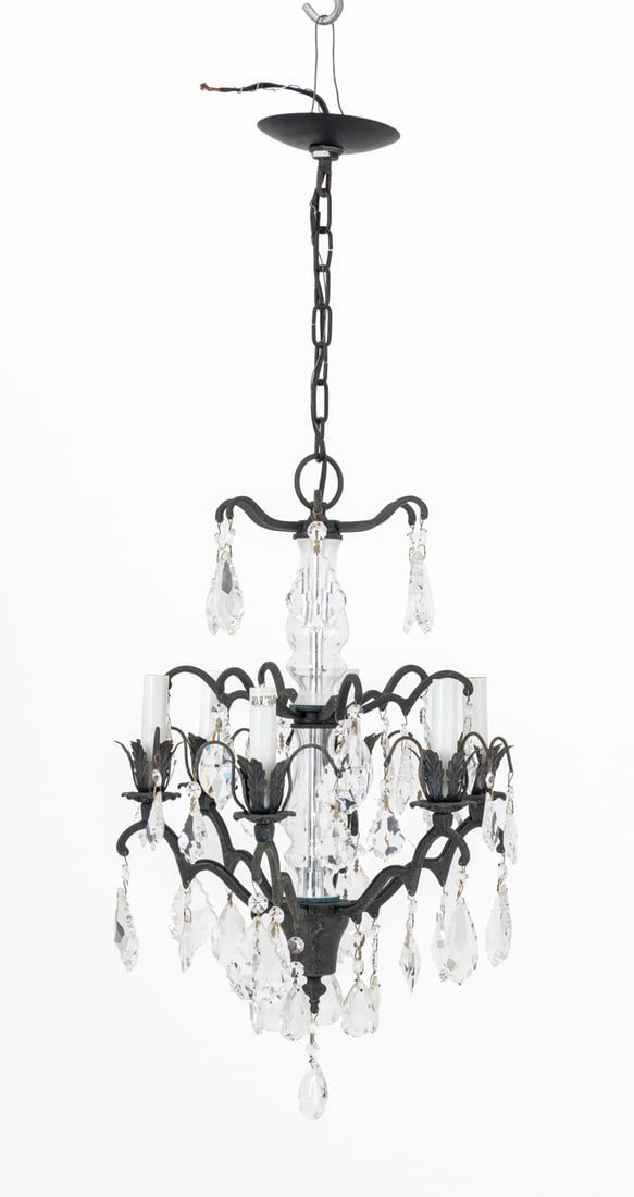 Patinated Metal and Glass Six-Arm Chandelier (1 of 4)