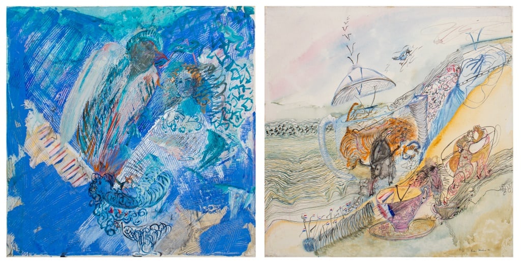 Eva Bouzard-Hui Abstract Compositions Acrylic, 2: Eva Bouzard-Hui (American, 1936-2023), Two Abstract Compositions, Acrylic on Canvas, one signed and dated "91" lower right, both unframed. Each: 18" H x 18" W. Provenance: Eva Bouzard-Hui artist estat