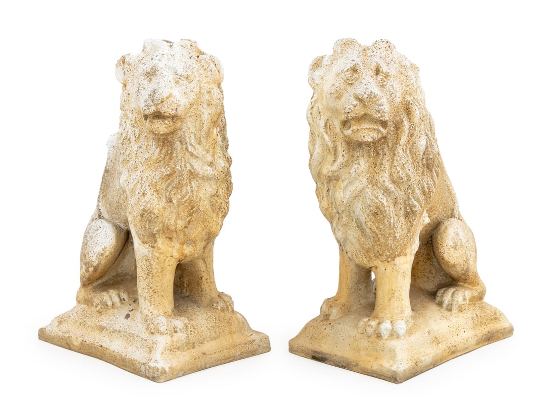 Beige Painted Cast Resin Seated Lions, Pair: Pair of Beige Painted Cast Resin Seated Lion Sculptures, with faux stone finish on rectangular base. 22.5" H x 10" W x 14" D. Provenance: From a 50 Madison Avenue Estate. Keywords: Statues,
