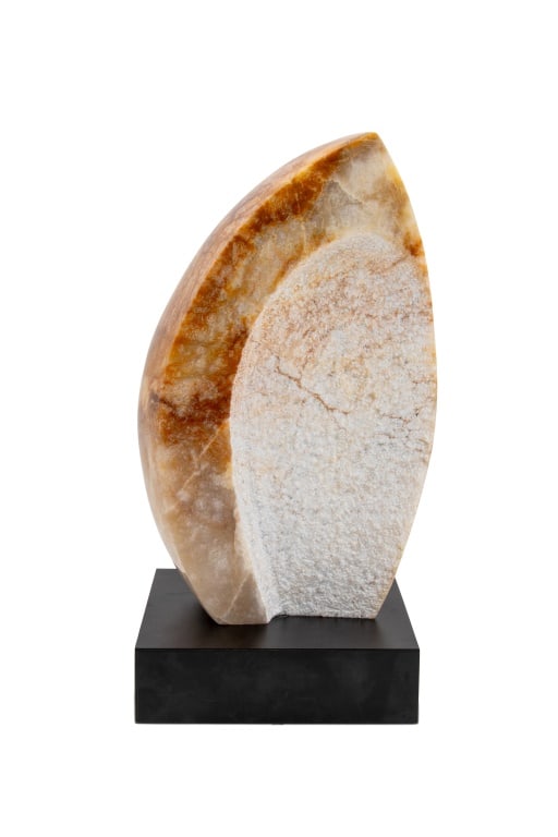 Modernist Abstract Petaloid Hardstone Sculpture: Modernist Abstract Petaloid Hardstone Sculpture, with polished and rough hewn details, mounted on a black base. 15.5" H x 8" W x 7.5" D. Provenance: From a New York City Collection. Keywords: Statue,