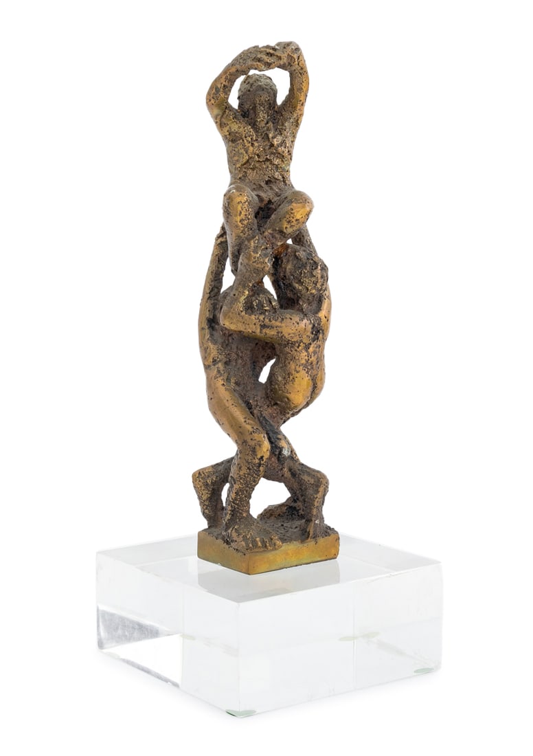 Ernest Bottomley Acrobat Figural Group Gilt Bronze: Ernest Bottomley (English, 1934-2006) Acrobatic Figural Group Gilt Bronze Sculpture, signed "EB" to bronze square base, with square acrylic plinth. 10.25" H x 3" W x 3" D. Provenance: From a Chelsea,