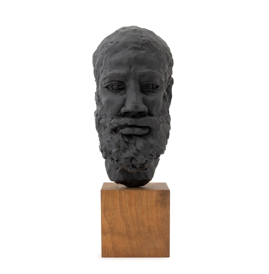 Illegibly Signed Ebonized Plaster Bearded Man Bust: Modern Ebonized Plaster Bearded Man Bust Sculpture, illegibly signed at neck, mounted on a wood plinth. Overall: 17.5" H x 5.5" W x 7" D. Provenance: From an East 53rd Street Collection. Keywords: