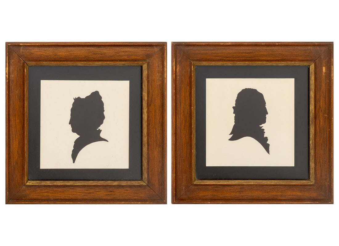 American Portrait Silhouettes Ink on Paper, Pair: Pair of American Portrait Silhouettes, Ink on Paper, comprising: George Washington and Martha Washington, unsigned, wood frames. Image: 5" H x 5" W; frame: 9.25" H x 9.25" W x 0.75" D. Provenance: