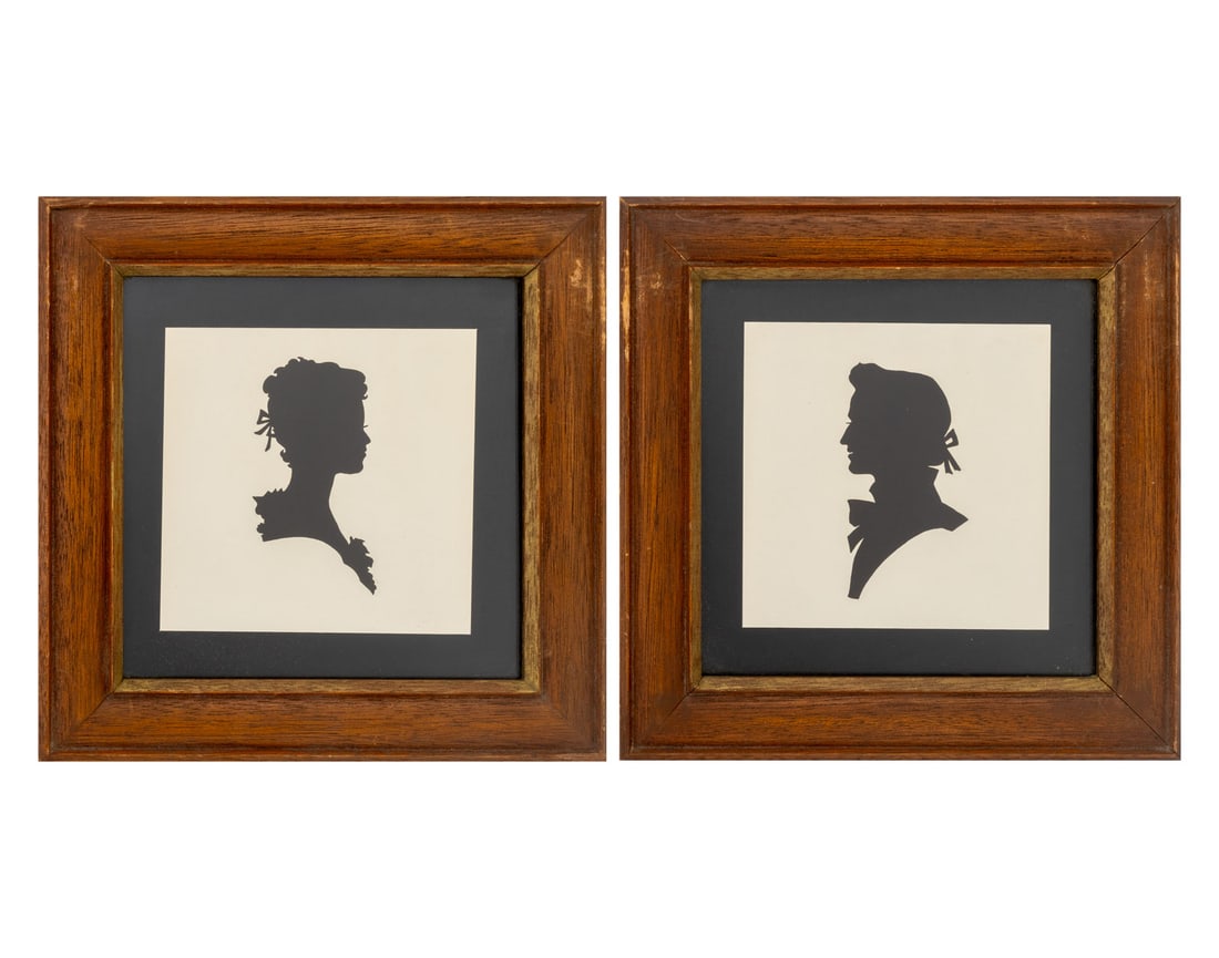American Portrait Silhouettes Ink on Paper, Pair: Pair of American Portrait Silhouettes, Ink on Paper, comprising: gentleman and lady, unsigned, wood frame. Image: 5" H x 5" W; frame: 9.25" H x 9.25" W x 0.75" D. Provenance: From a Chelsea
