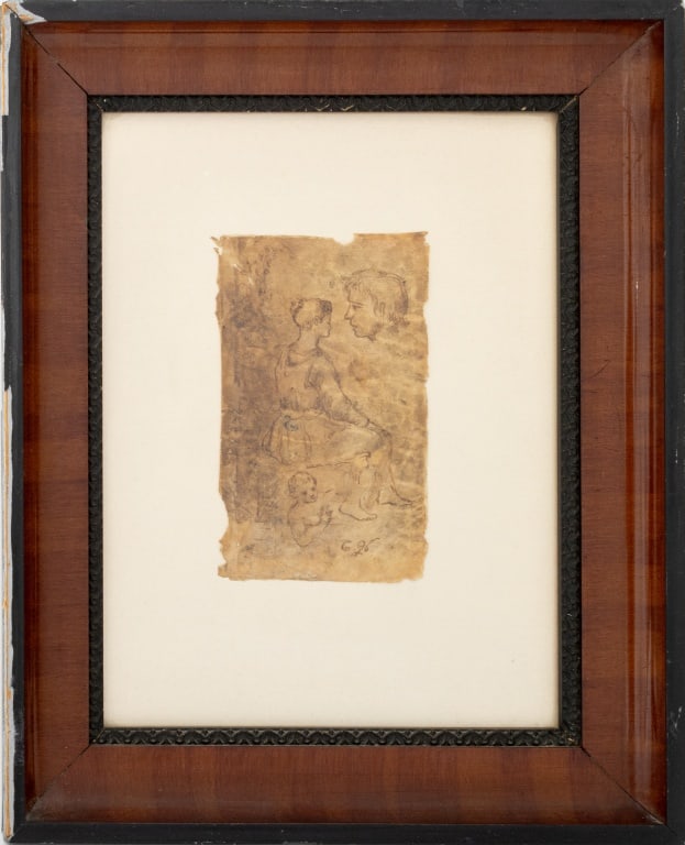 Old Master Figure Sketch Pencil on Vellum, 18th C.: Old Master, Figure Sketch, Pencil on Vellum, 18th century, marked "G.26" lower right, wood frame. Image: 5.5" H x 3.5" W; frame: 13.75" H x 11" W x 1.25" D. Provenance: From a New York City