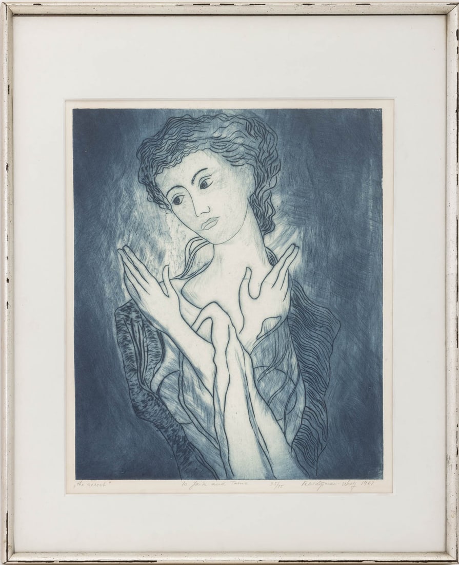 Peter Lipman-Wulf "The Secret" Drypoint Etching: Peter Lipman-Wulf (American, 1905-1993), "The Secret", Drypoint Etching, 1967, titled lower left, inscribed "to Janik and Tanya" to center, numbered edition "35/75", signed in pencil, and dated lower