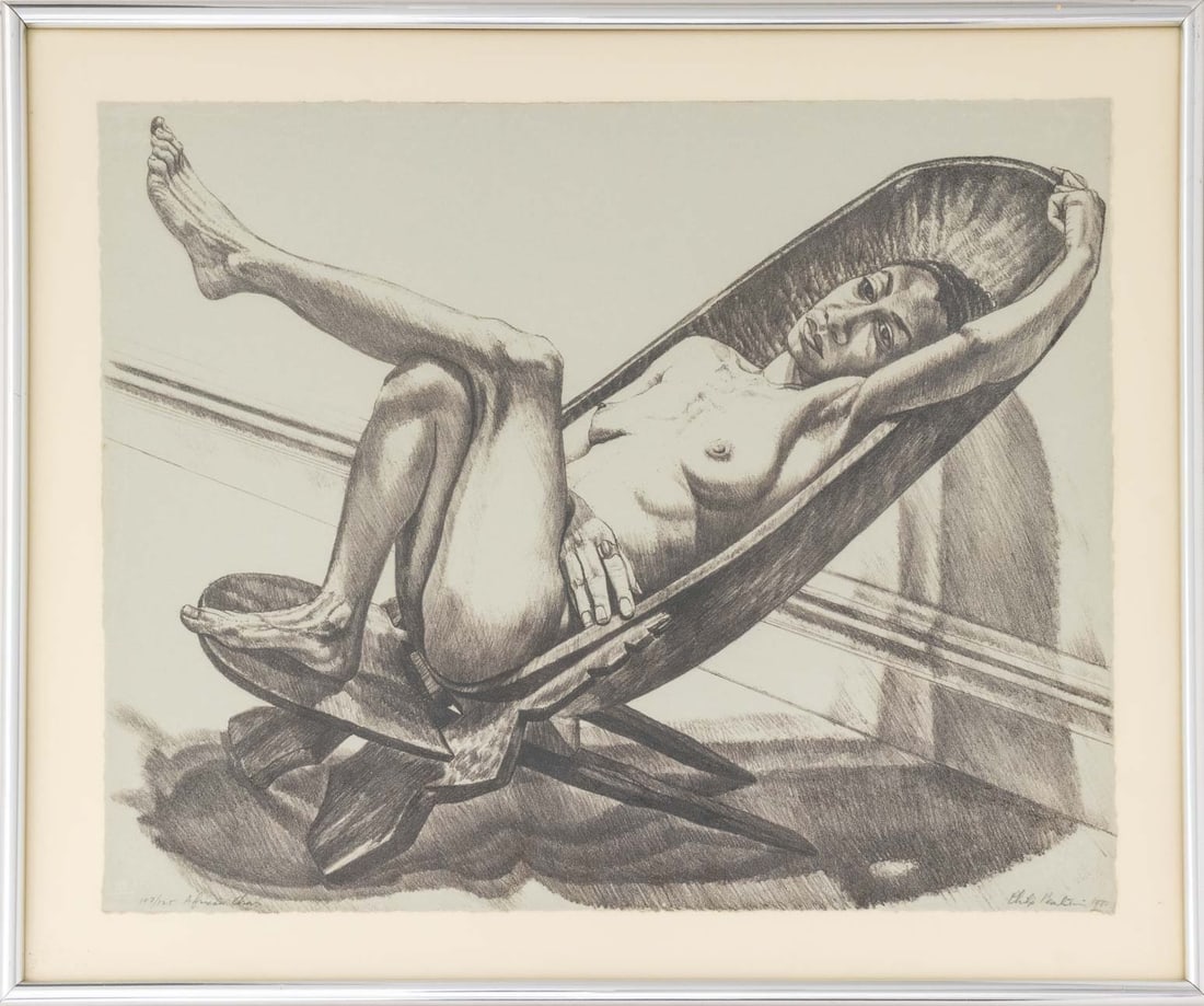 Philip Pearlstein "African Chair" Lithograph, 1980: Philip Pearlstein (American, 1924-2022), "African Chair", Lithograph on Paper, 1980, signed in pencil and dated lower right, titled and numbered edition "107/125" lower left, silver-tone metal frame.