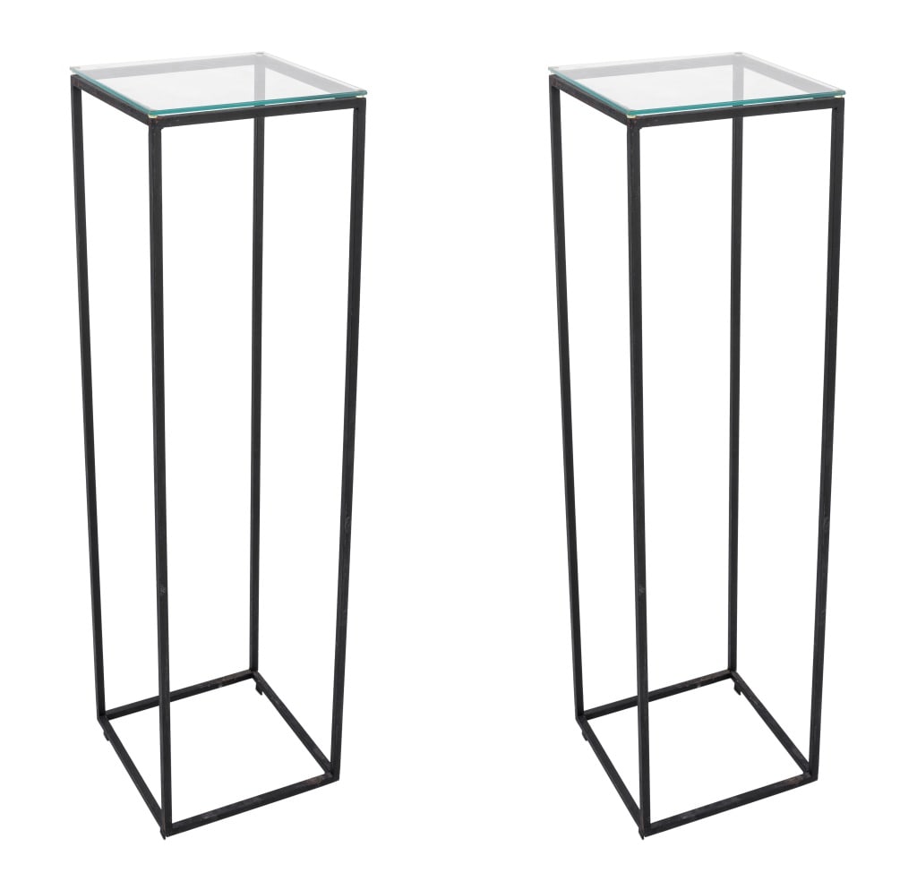 Glass Top Patinated Steel Display Pedestals, Pair: Pair of Modern Patinated Steel and Glass Top Display Pedestals. 44.75" H x 12" W x 12" D. Provenance: From the Upper East Side Apartment of a Former Ambassador. Keywords: Vintage Furniture, Accent tab