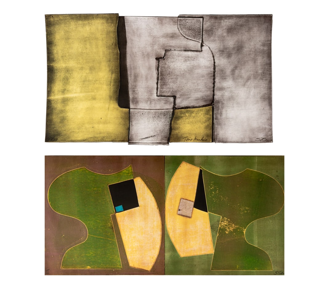 Sica Abstractions Lithograph Metallic Collages, 2: Sica (Marilyn Sica Thompson, American, 1932-2022), Two Abstract Compositions, Lithograph Metallic Collages, comprising: "Time Machine", signed lower right, titled lower center, and "Duet in Central