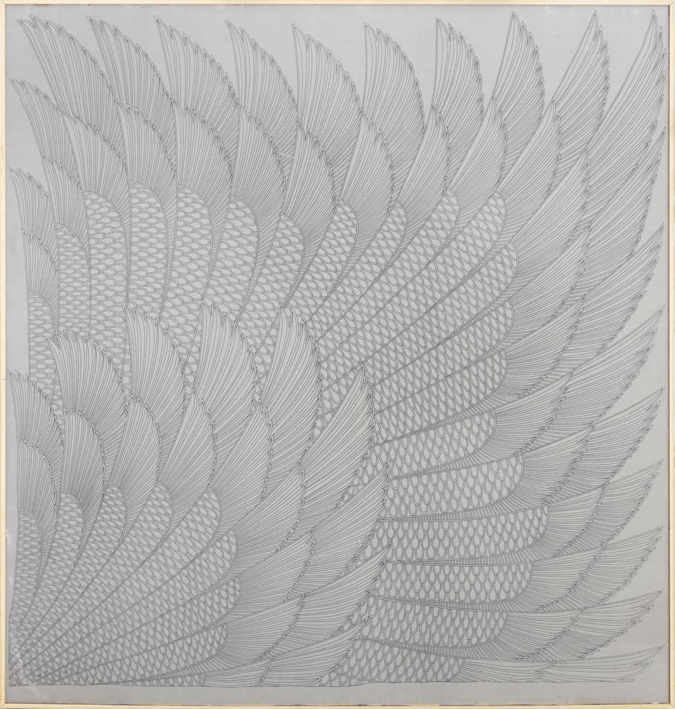 Art Deco Style Wings Screenprint on Textile: Art Deco Style Wings Screenprint on Textile, apparently unsigned, with Egyptian Revival style wings displayed on a grey ground, gold-tone frame. Frame: 43" H x 41.5" W. Provenance: From a New York