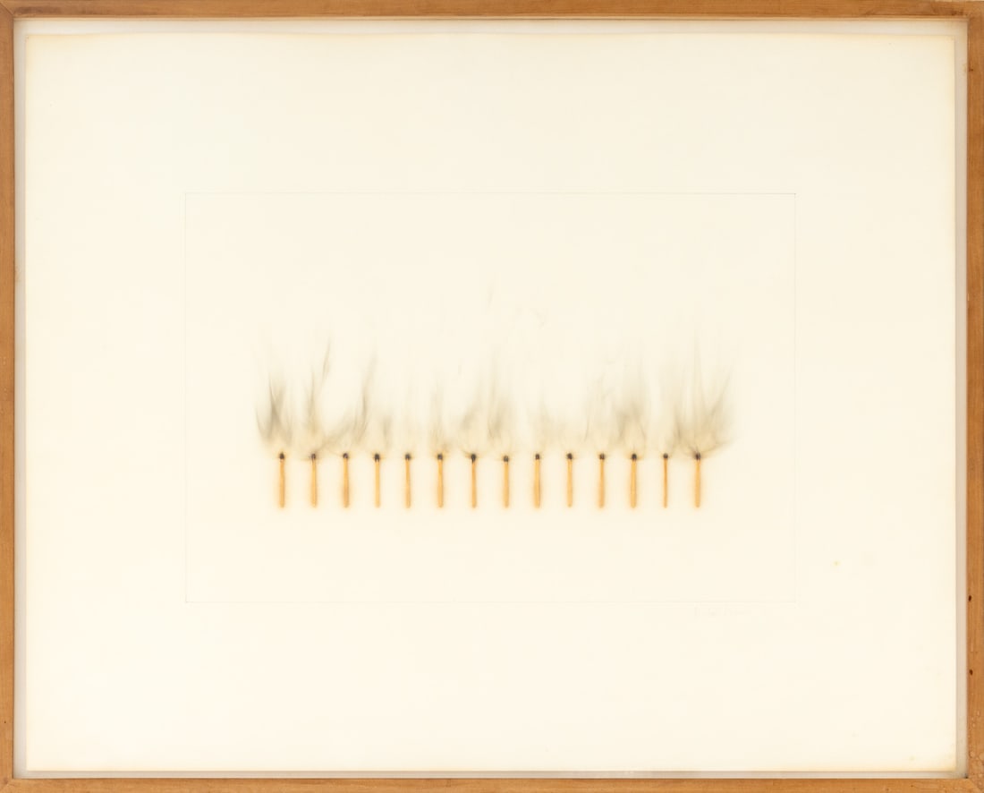 Michael Broome Conceptual Composition, 1976: Michael Broome (XX-XXI), Conceptual Composition, Matches Mounted on Paper, 1976, signed and dated in pencil lower right, wood frame. Image: 23" H x 29" W; frame: 24.75" H x 30.75" W x 1" D.