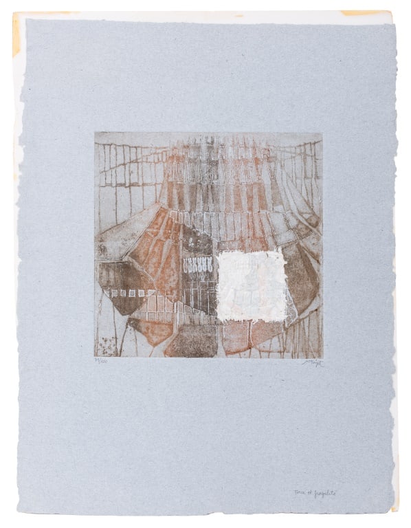 Marie-Therese Fayet "Force et Fragilite" Aquatint: Marie-Therese Fayet (Spanish, b. 1934), "Force et Fragilite" [Strength and Fragility], Mixed Media Aquatint on Embossed Handmade Blue Paper, signed in pencil, titled and numbered edition "71/100" to b